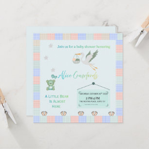 Verjaarbare teddybeer & ooievaar Blauwe ruit baby Kaart
