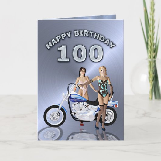 verjaardag 100 met meisjes en een motorfiets kaart (Voorkant)