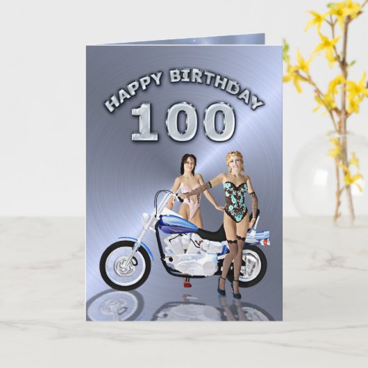 verjaardag 100 met meisjes en een motorfiets kaart (Gele Bloem)