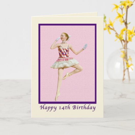 Verjaardag, 14e, Ballerina in Roze en Wit Kaart (Gele Bloem)
