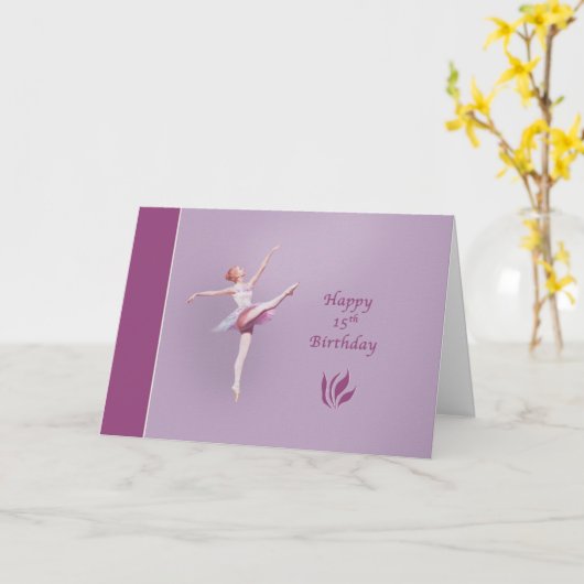 Verjaardag, 15e, Ballerina in roze en lavendel Kaart (Gele Bloem)