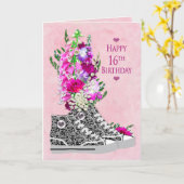 Verjaardag 16e, Meisjes, Fancy Sneakers zwart/wit Kaart (Gele Bloem)