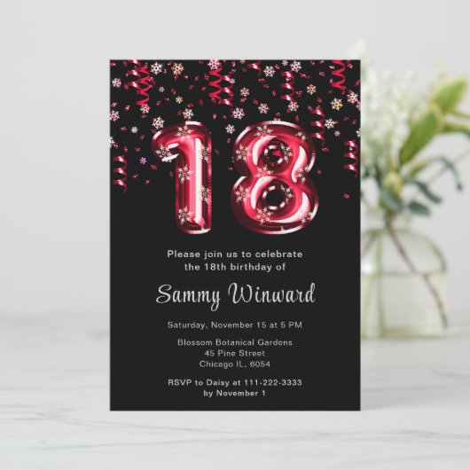 Verjaardag 18 Rood Ballonnen Sneeuwvlokken Confett Kaart (Staand voorkant)