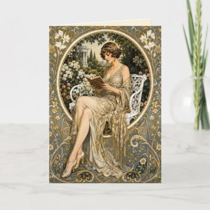 Verjaardag 1920s Vrouw Lezend in Tuin Kaart