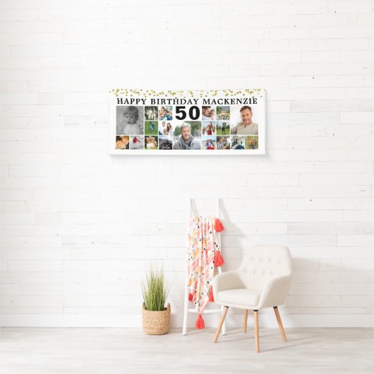 Verjaardag 19 Fotocollage Goud Confetti Custom Spandoek (Insitu)