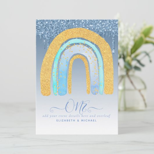 VERJAARDAG 1e BLAUWE Zilveren Glitter Regenboog (Staand voorkant)