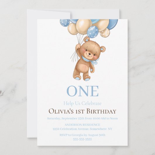 Verjaardag 1e Teddybeer Ballon Jongen Uitnodiging (Voorkant)