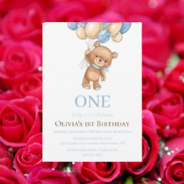 Verjaardag 1e Teddybeer Ballon Jongen Uitnodiging 