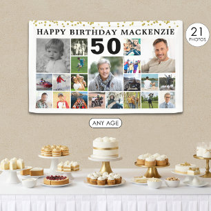 Verjaardag 21 Foto Collage Gouden Confetti Op Maat Spandoek