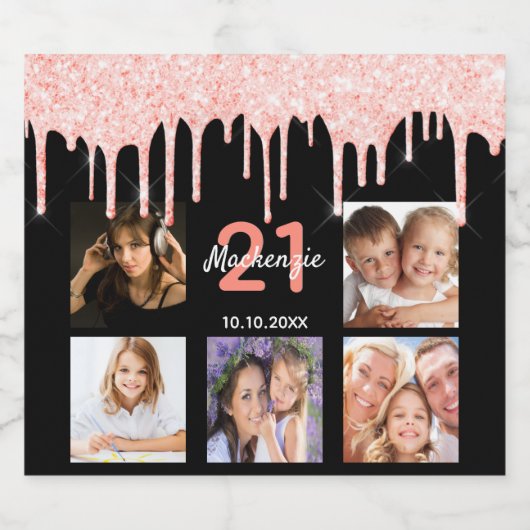 Verjaardag 21 foto zwart roos gouden naam sparkling wijnetiket (Enkel label)