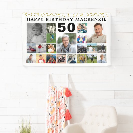 Verjaardag 21 Fotocollage Goud Confetti Custom Spandoek (Insitu)