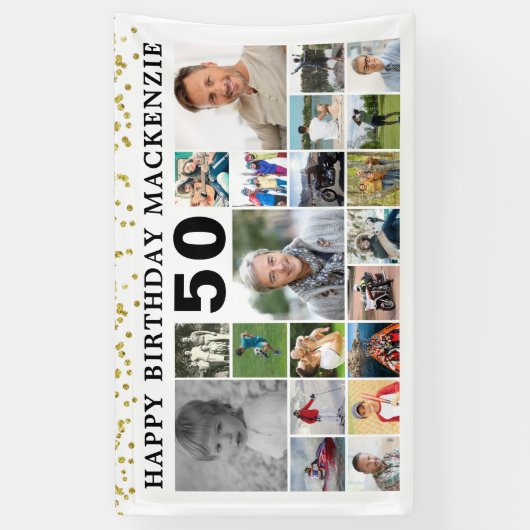 Verjaardag 21 Fotocollage Goud Confetti Custom Spandoek (Verticaal)