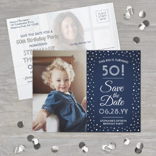 Verjaardag 2 Foto Navy Blauwe Witte Save the Date Uitnodiging Briefkaart