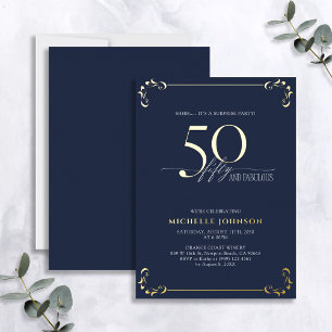 Verjaardag 50 & Fabulous Blauw & Goud Folie Uitnodiging