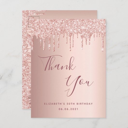 Verjaardag 50 roos goudglitterdruppels bedankt briefkaart (Voorkant / Achterkant)