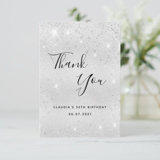 Verjaardag 50 zilveren glitter bedankkaart (Staand voorkant)