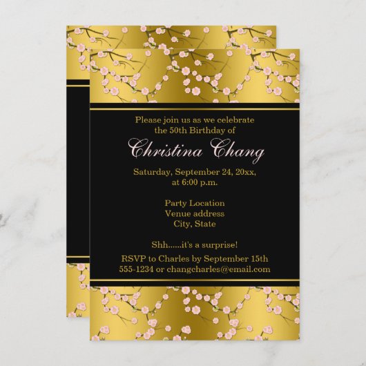 Verjaardag | 50e | Goud, zwart | Cherry Blossom Kaart (Voorkant / Achterkant)