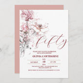 Verjaardag 50e Waterverf Roze Roos Lila Kaart (Voorkant / Achterkant)