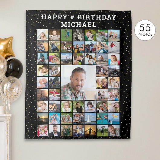 Verjaardag 55 Foto Collage Confetti Aangepaste Kle Wandkleed