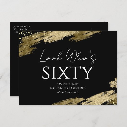 Verjaardag 60 Goud Zwart Save the Date Briefkaart (Voorkant / Achterkant)