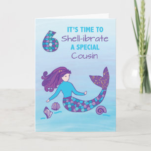 Verjaardag 6 Cousine Zeemeermin Glitter Kaart