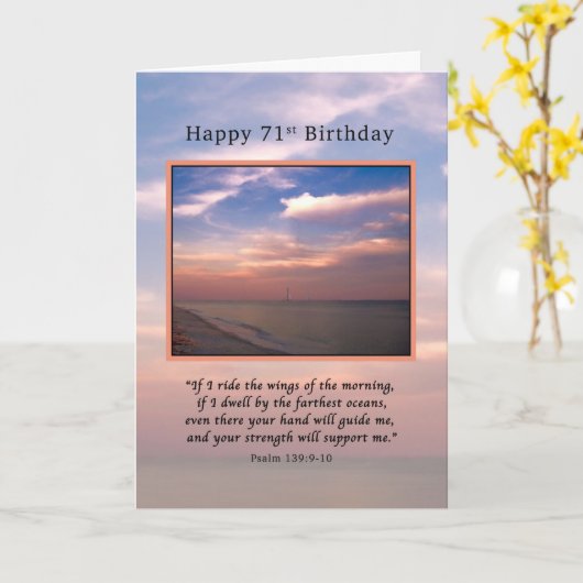 Verjaardag, 71e, zonsopgang op het strand, religie kaart (Gele Bloem)