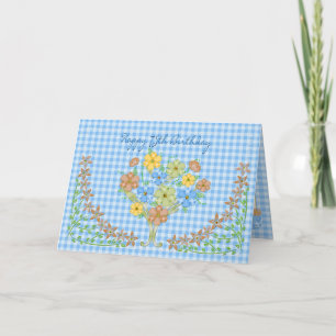 VERJAARDAG 75TH BLAUWE GINGHAM/FLOWERS KAART