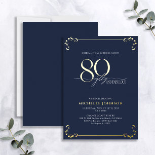 Verjaardag 80 & Fabulous Blauw & Goud Folie Uitnodiging