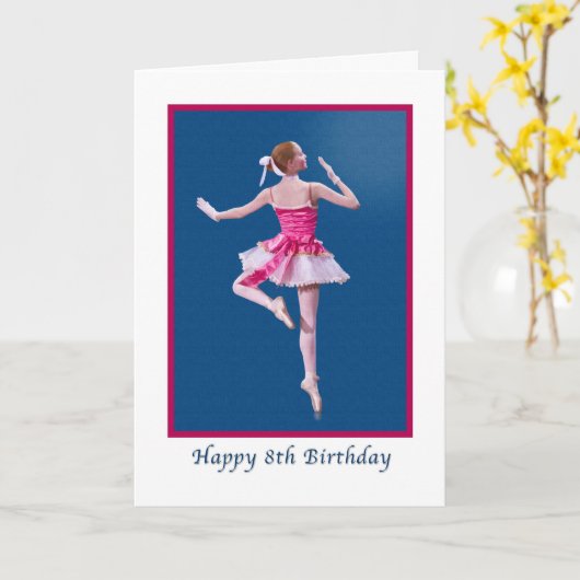 Verjaardag, 8e, dansende ballerina op blauw kaart (Gele Bloem)