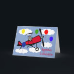 Verjaardag aan het Wenskaart Kaart<br><div class="desc">Wens een geweldige zoon een fijne verjaardag met een schattige wasbeer met een schattige kleine helm die hoog in de wolken zweeft in een vliegtuig. De achtergrond is een  blauwe lucht.</div>