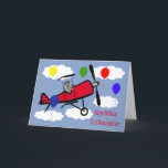 Verjaardag aan het Wenskaart Kaart<br><div class="desc">Wens een geweldige zoon een fijne verjaardag met een schattige wasbeer met een schattige kleine helm die hoog in de wolken zweeft in een vliegtuig. De achtergrond is een blauwe lucht.</div>