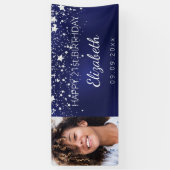 Verjaardag aangepaste foto blauw zilveren sterren spandoek (Verticaal)