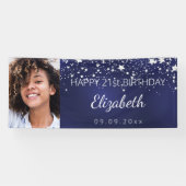 Verjaardag aangepaste foto blauw zilveren sterren spandoek (Horizontaal)