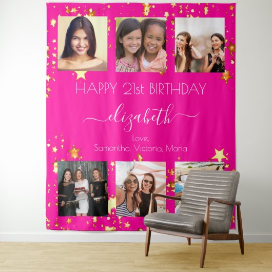 Verjaardag aangepaste foto collage heet roze vrien wandkleed (In situ)