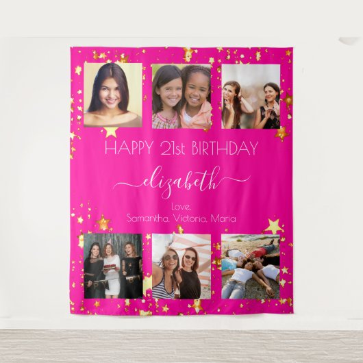 Verjaardag aangepaste foto collage heet roze vrien wandkleed (Voorkant)