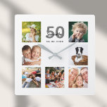 Verjaardag aangepaste foto-collage mijlpaal famili vierkante klok<br><div class="desc">Een muurklok als geschenk voor een 50ste (of om het even welke leeftijd) verjaardag voor een vrouw, die haar leven met een collage van 7 van uw foto's vierde. Pas een naam, leeftijd 50 en een datum aan en voeg deze toe. Geboortedatum of -datum. Zwarte en grijze gekleurde letters. Een...</div>