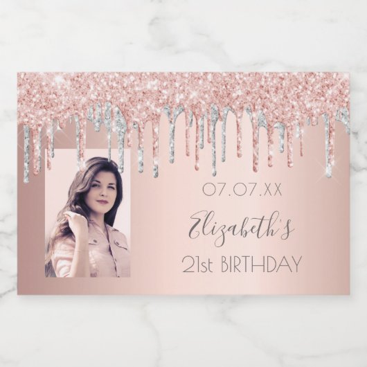 Verjaardag aangepaste foto roos gold silver sparkling wijnetiket (Enkel label)