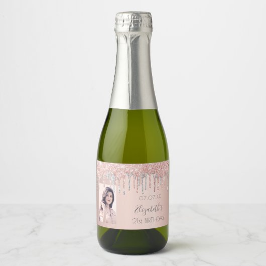 Verjaardag aangepaste foto roos gold silver sparkling wijnetiket (Voorkant)