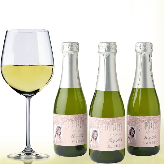 Verjaardag aangepaste foto roos gold silver sparkling wijnetiket