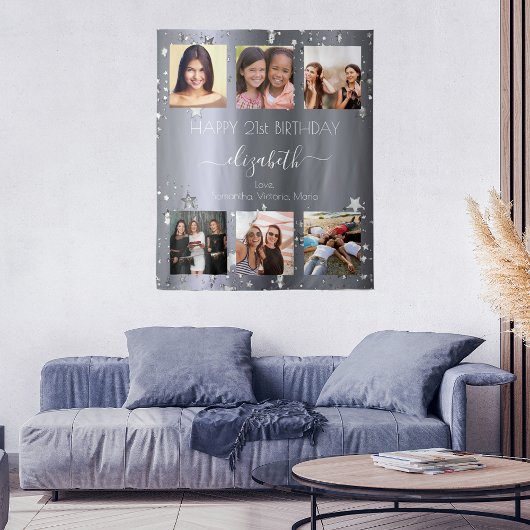 Verjaardag aangepaste fotocollage zilver beste vri wandkleed