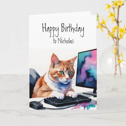 Verjaardag Aangepaste Naam Cat Gamer Computer Kaart (Gele Bloem)