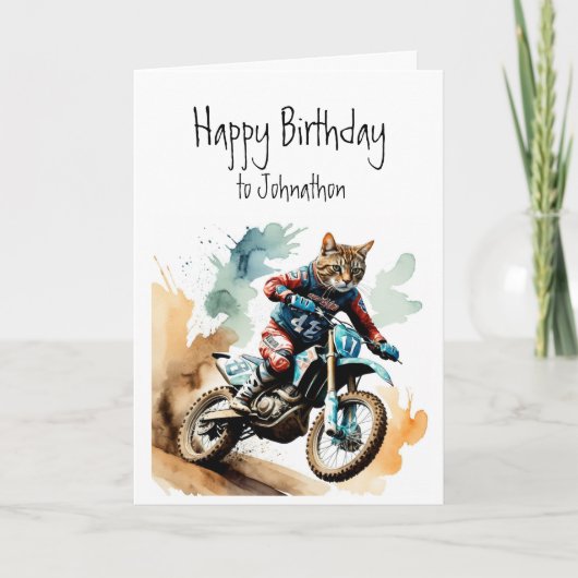 Verjaardag Aangepaste naam Cat Riding Motocross Kaart (Voorkant)