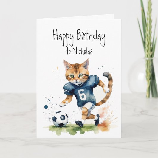 Verjaardag Aangepaste naam Kat die Voetbal speelt Kaart (Voorkant)