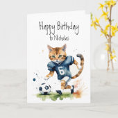 Verjaardag Aangepaste naam Kat die Voetbal speelt Kaart (Gele Bloem)