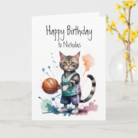 Verjaardag Aangepaste naam Kat spelen basketbal Kaart (Gele Bloem)