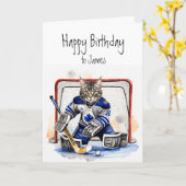 Verjaardag Aangepaste Naam Kat spelen Goalie Hocke Kaart (Gele Bloem)