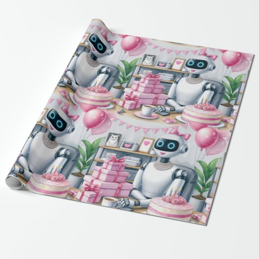 Verjaardag Ai Robot Roze Glitter Ballonnen Cadeaupapier (Uitgerold)