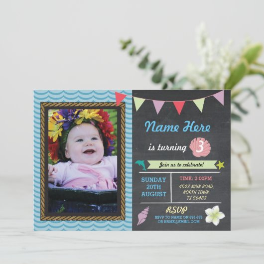 Verjaardag Aloha Zee Dolfijn Star Fotofeest Uitnod Kaart (Staand voorkant)