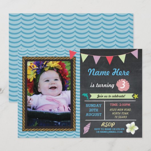 Verjaardag Aloha Zee Dolfijn Star Fotofeest Uitnod Kaart (Voorkant / Achterkant)