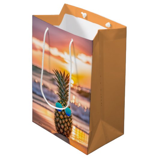 Verjaardag Ananas met zonnebril op het strand Medium Cadeauzakje (Voorkant Gekanteld)